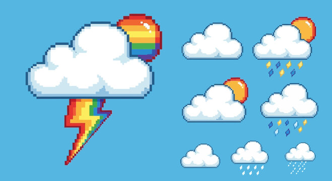 Pixel Art Weather Icons: Clouds, Rainbow Lightning, Sun, and Rain