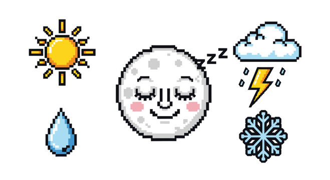 Pixel Art Weather Icons: Sun, Moon, Rain, Snow, Storm, Droplet