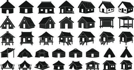 Traditional Cabin Hut and Tent Silhouette Vector Icon Set Featuring Bungalows Stilt Houses Yurts and Tipis for Map UI Designs © MstMinara