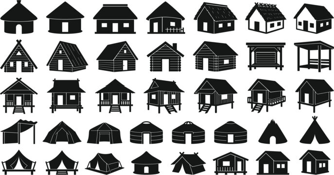 Traditional Cabin Hut and Tent Silhouette Vector Icon Set Featuring Bungalows Stilt Houses Yurts and Tipis for Map UI Designs