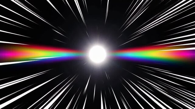 Abstract background with a bright central light source and radiating speed lines with a colorful rainbow spectrum beam 4k video