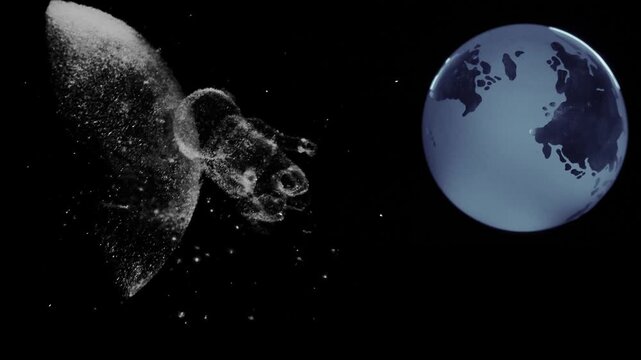 astronaut in space traveling in the starry sky next to the moon and blue planet, laser engraving in a crystal ball