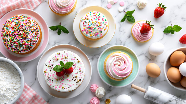 International cake day concept with colorful frosted cakes sprinkles berries and baking ingredients arranged on marble background for festive dessert celebration