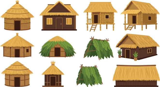 Traditional Tribal Village Hut Vector Collection Featuring Thatch Roof Bungalows Bamboo Cabins and Green Foliage Shelters for Environmental Layouts
