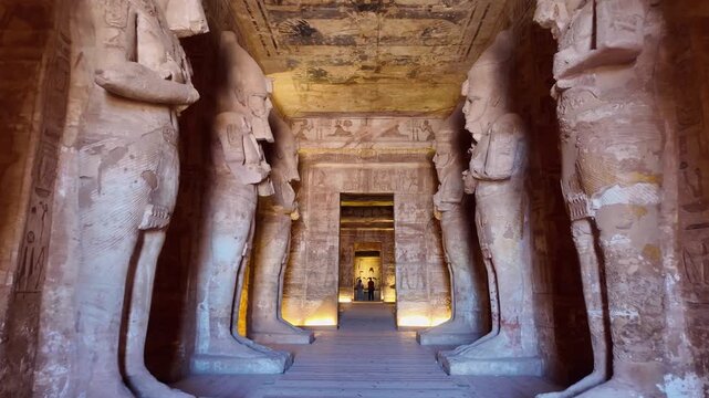 First person view (POV) walking through Ancient egyptian statues of ramesses ii lining the great hypostyle hall of the abu simbel temple. Famous landmark and historical site in nubia