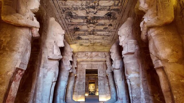 tilt up of Majestic interior view of the great temple of abu simbel, showing giant osirid statues of ramesses ii and the ancient painted ceiling