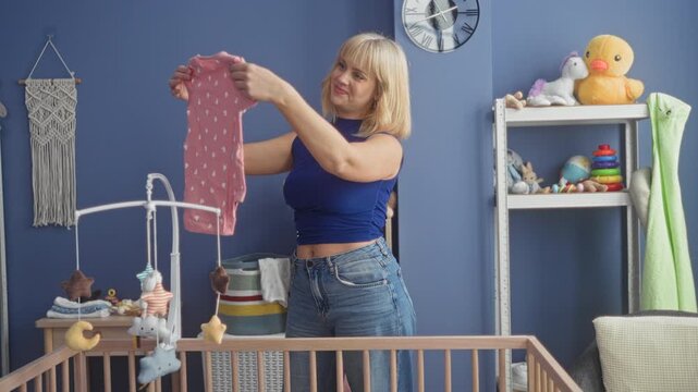 Woman holding pink baby onesie, hands visible, folding garment beside wooden crib in a nursery building; parental care serenity.