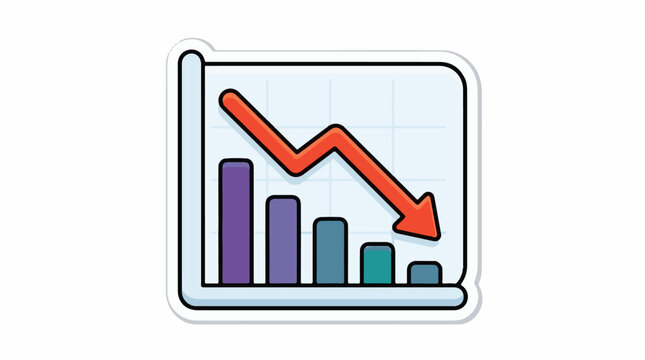 A downward trend graph with purple, blue, and teal bars and a red arrow