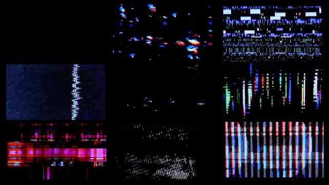 multiscreen of TV Broken Monitor, Screen TV Glitch Error,  VHS static noise glitch overlay, LCD pixels macro video