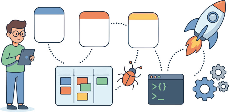 Software development process illustration with person and rocket