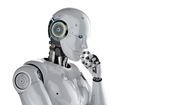 Humanoid robot with blue eyes and glowing circular detail on head thinking