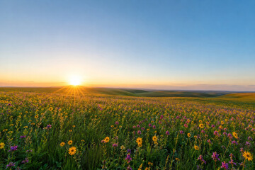 Obraz premium Realistic Spring Nature Photo of Sunrise Over Flower Field