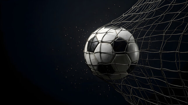 Close up of a soccer ball hitting the goal net at night with football competition dramatic