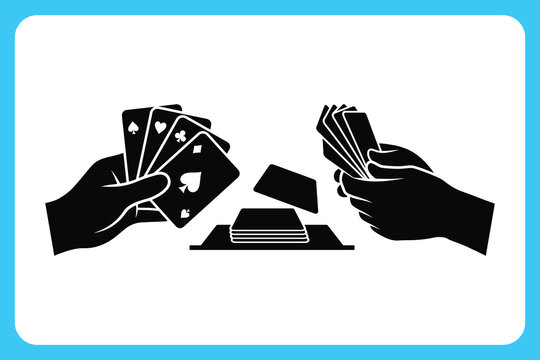 Hands holding and exchanging playing cards on a white background with blue border