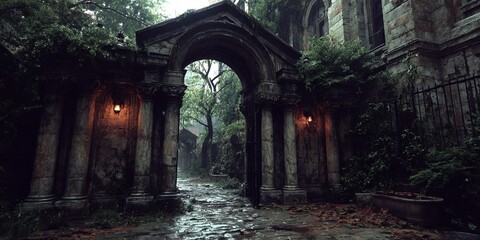 Naklejka premium Mysterious Stone Archway Leading to a Lush, Overgrown Garden.