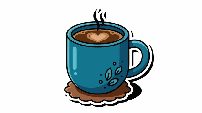 A blue mug with a heart design on the coffee's surface