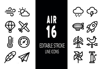 Set of 16 modern, clean line icons related to air, weather, and aviation, featuring editable strokes for versatile design projects. © gfxmukim