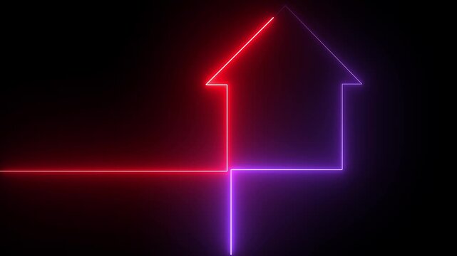 Neon house shapes cycle through red and purple colors on black background