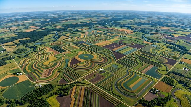 Aerial view, crop fields, farmland landscape, green agriculture land