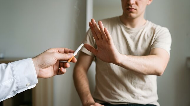 Young man refusing a cigarette offered by another person in a bright and clean indoor setting
