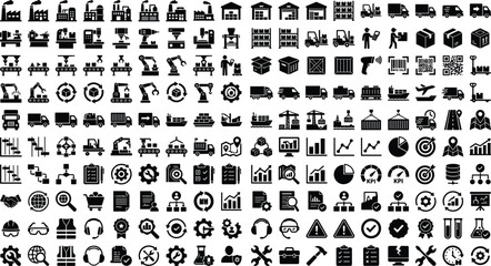 Obraz premium Heavy Industry Manufacturing and Global Logistics Supply Chain Mega Icon Set with Robotic Automation, Warehouse Operations, Cargo Transport, and Business Management Analytics Vectors