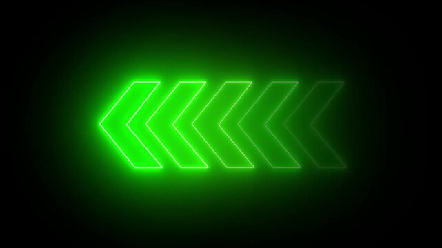 Neon arrow sequence illuminates and intensifies across black background footage