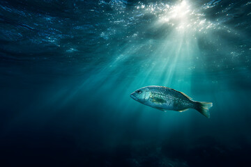 Fototapeta premium A solitary fish swims gracefully in deep blue ocean waters, illuminated by striking sunrays filtering down from the surface, creating a peaceful scene.