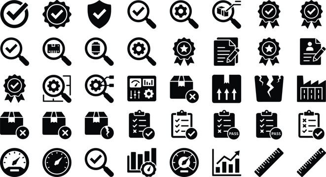 Quality Control Inspection and Product Standards Mega Icon Bundle with Certified Badges, Damaged Cargo Alerts, Factory Compliance Metrics, and Testing Calibration Vectors