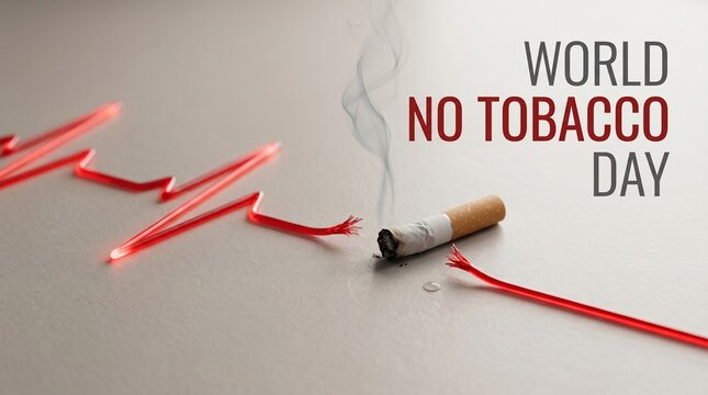 World no tobacco day concept with a smoking cigarette interrupting a red heartbeat ecg line symbolizing health risks and the dangers of smoking for wellness