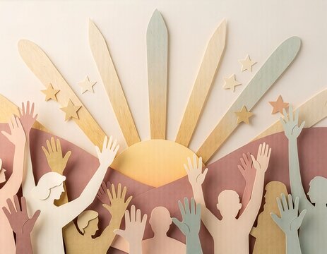 Cut-paper collage illustration celebrating freedom and community, sunrise with rays, raised joyful hands, stars and abstract people silhouettes, soft fresh colour palette of warm coral red, gentle gre