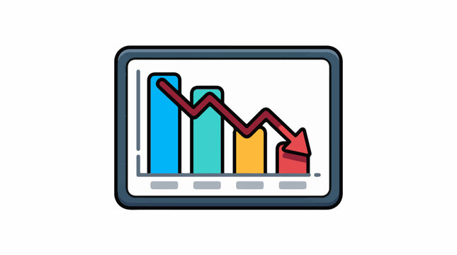A colorful bar graph on a tablet screen shows a downward trend