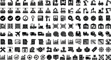 Obraz premium Smart Factory Manufacturing and Logistic Supply Chain Mega Icon Set with Robotic Automation, Warehouse Storage, Global Shipping, Quality Inspection, and ERP Management Vectors
