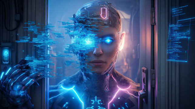 Futuristic Cybernetic Human with Digital Glitch Effect in Sci-Fi Environment