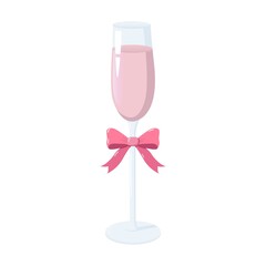 Elegant champagne flute filled with light pink sparkling wine, decorated with a festive pink bow tied around the stem, minimalist design on white background symbolizing romance © Lipitorika