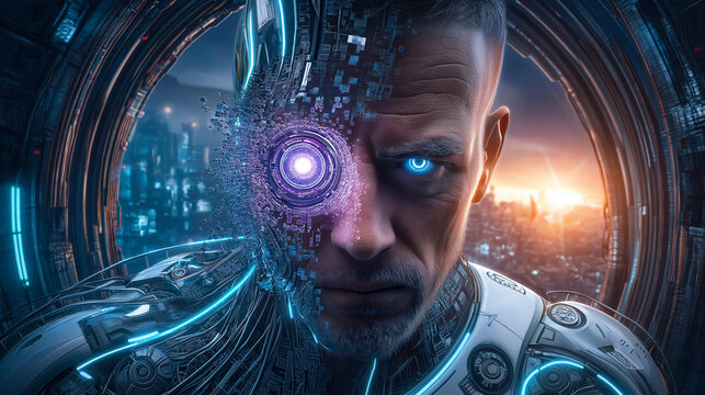 Futuristic Cyborg with Digital Interface in Sci-Fi Cityscape at Sunset