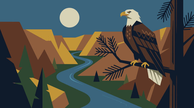 A beautiful flat vector illustration depicting a professional and artistic scene of a bald eagle in a beautifully detailed bald eagle perched on a pine tree branch overlooking a river canyon.