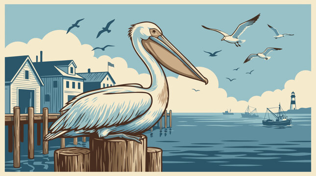 A beautiful flat vector illustration depicting a professional and artistic scene of a pelican in a beautifully detailed pelican perched on a wooden pier dock with harbor houses and seagulls behind.