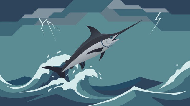 A beautiful flat vector illustration depicting a professional and artistic scene of a swordfish in a beautifully detailed swordfish leaping out of stormy ocean waves under a dark lightning sky.