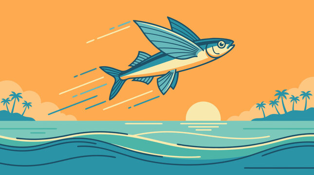 A beautiful flat vector illustration depicting a professional and artistic scene of a flying fish in a beautifully detailed flying fish gliding above ocean waves during a warm sunset sky.