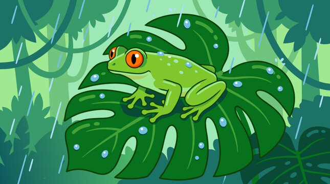 A beautiful flat vector illustration depicting a professional and artistic scene of a tree frog in a beautifully detailed red-eyed tree frog sitting on a large green tropical leaf in a rainforest.