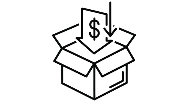 Open box with dollar sign and arrow black line icon on white background