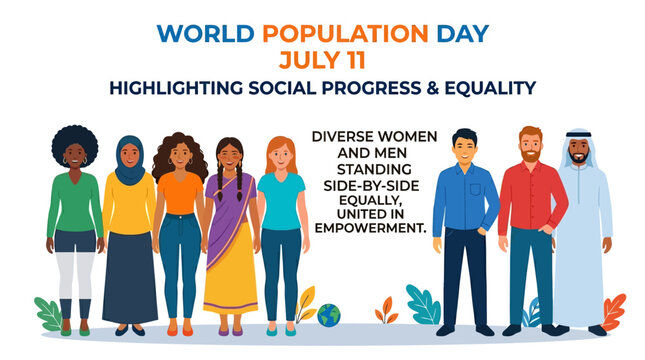 World Population Day illustration showing diverse women and men standing together, symbolizing social progress, equality, and empowerment on July 11.