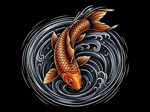Golden Koi Fish Diving in Circular Wave Japanese Tattoo Art on Black Background