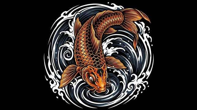 Golden Koi Fish Diving in Circular Wave Japanese Tattoo Art on Black Background