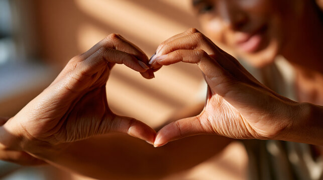 Female hands forming a heart shape against a warm beige studio background with soft natural light, capturing affection, unity and emotional warmth in a simple universal gesture, realistic