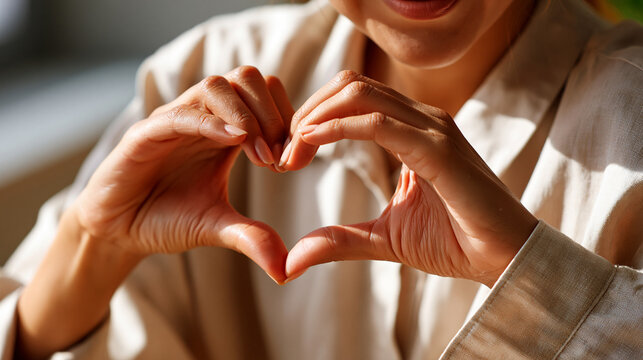 Female hands forming a heart shape against a warm beige studio background with soft natural light, capturing affection, unity and emotional warmth in a simple universal gesture, realistic