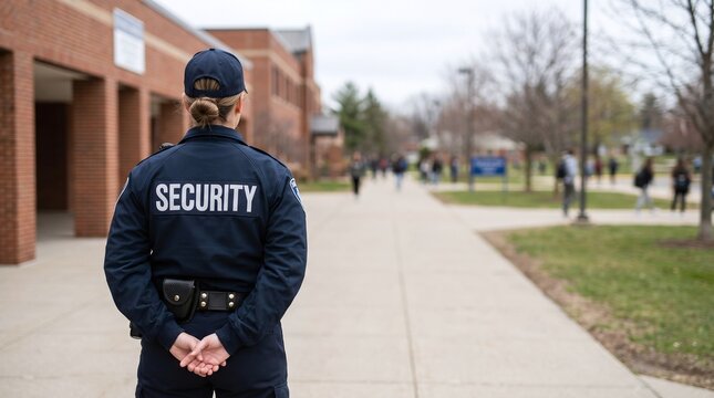 Female school security guard on duty observing the campus yard during morning arrival.