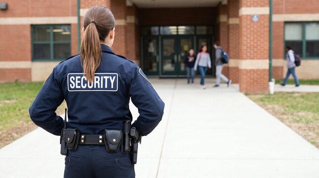 Vigilant female officer in a dark blue security jacket patrolling a high school exterior.