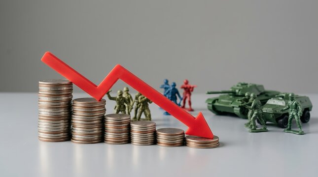 Stacks of coins decrease in value as a red arrow points downward accompanied by toy soldiers and military vehicles in a symbolic representation of economic decline or war spending economy