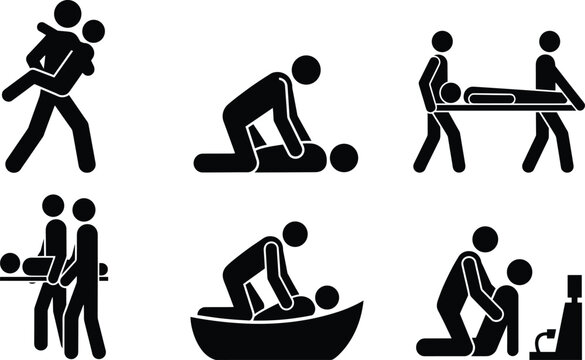 First aid emergency rescue and cpr stick figure silhouette icon set featuring stretcher patient carrying aed defibrillator medical life saving procedures.